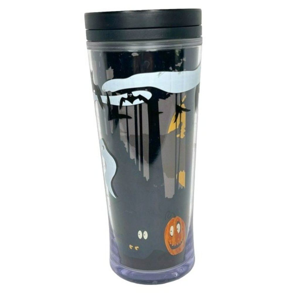 Starbucks 2009 Retro Halloween Pumpkin Bats Tall 12 Oz Cup Tumbler With Lid